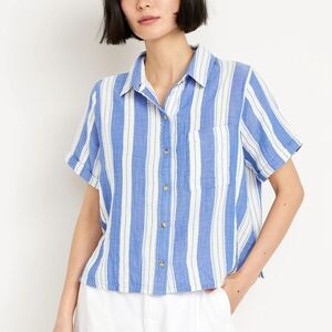 Old Navy Crinkle Gauze Button Down Blue Striped Top